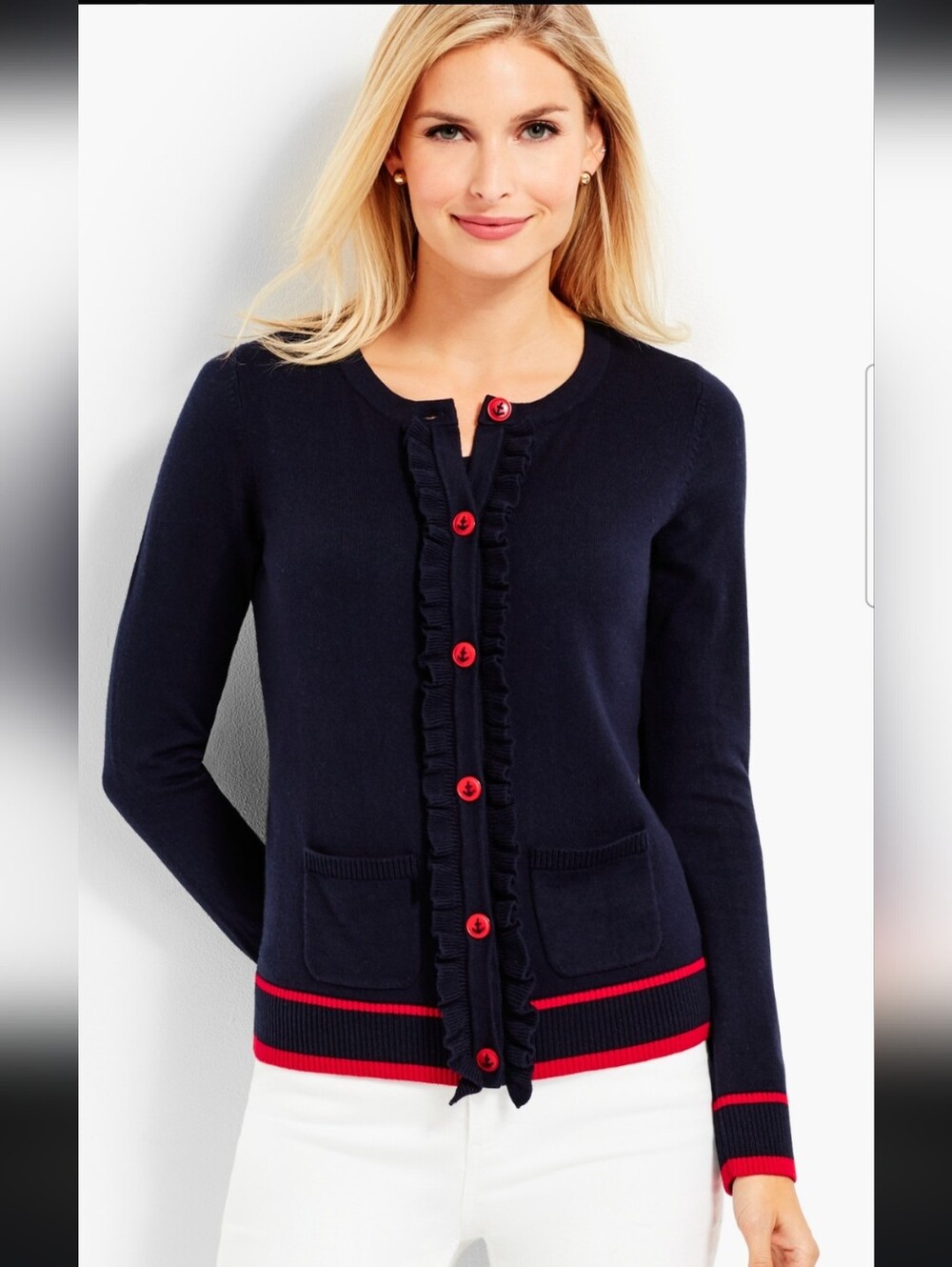 Talbots Pin-up Retro 40s Navy Red Ruffle Nautical Anchor Button Cardigan Sz 1X